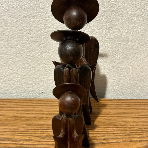 Vintage Wooden Angel Sculpture Trio - Brown - Picture 5 of 11